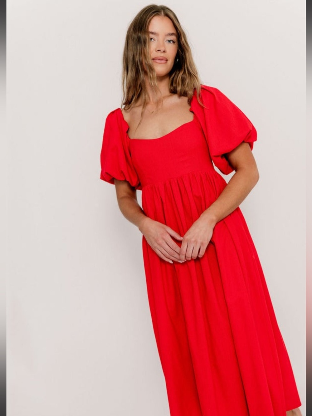 Worth Collective Hamilton Red Puff-Sleeve Midi Dress - Picture 5 of 7